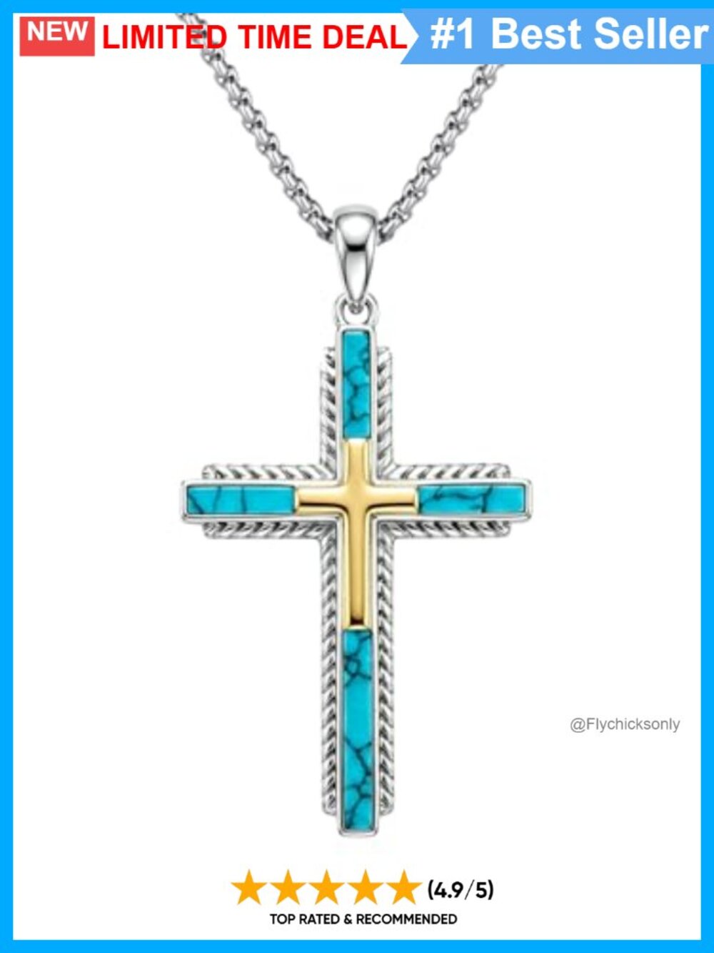 14K Gold Plated Cross Necklace Turquoise Inlay Western Pendant Adjustable 22-24"